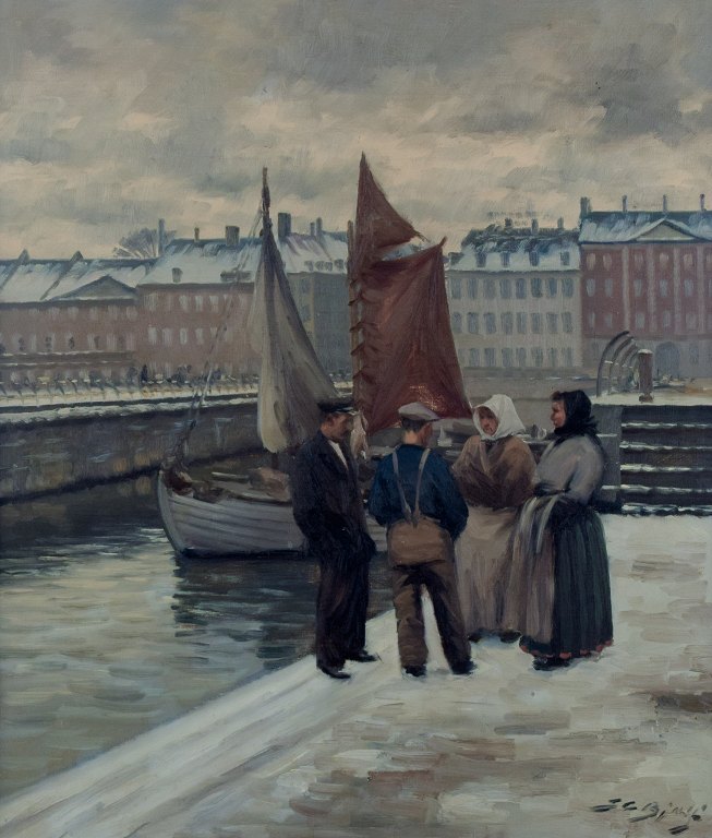 Søren Christian Bjulf (1890-1958), Denmark. Fish mongers in conversation with 
fishermen.