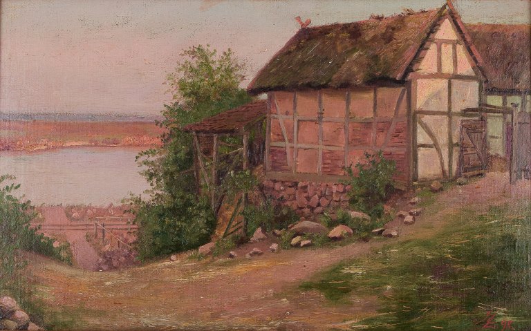 Christian Zacho (1843-1913), well listed Danish artist.
Oil on artist board. Danish summer landscape. Thatched-roof house by a lake 
overlooking fields.