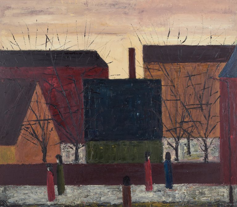Peder Brøndum Sørensen (1931-2003), Danish painter, oil on board.Figures and Houses.