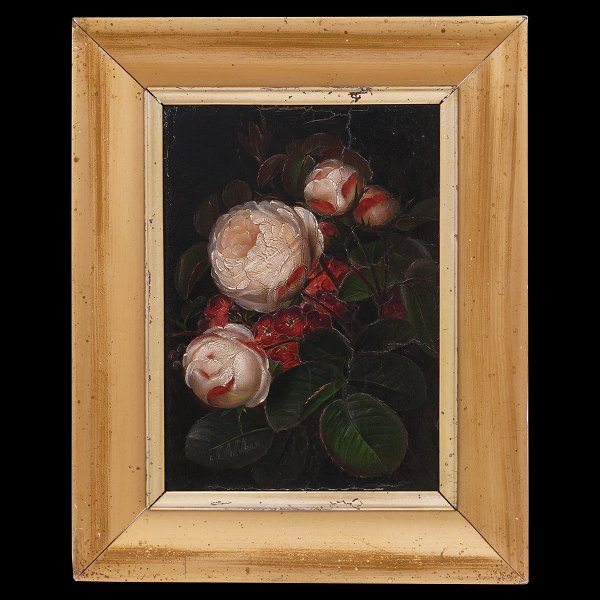 Signiertes I. L. Jensen, 1800-56, Blumengemälde. Öl auf Leinen auf Platte. 
Lichtmasse: 20x14,5cm. Mit Rahmen: 29x23,5cm