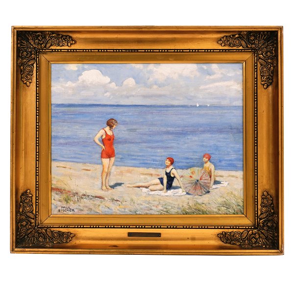 Paul Fischer maleri. Paul Fischer, 1860-1934, olie på lærred, tre badepiger på 
en strand. Signeret Paul Fischer. Lysmål: 31x38cm. Med ramme: 46x53cm