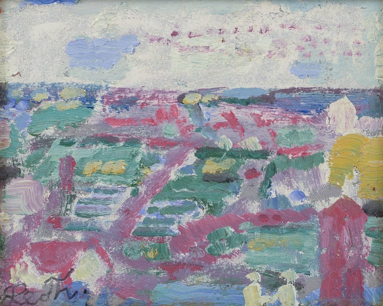 Leo Thellefsen (1909 - 1997), oil on board. Modernist landscape.