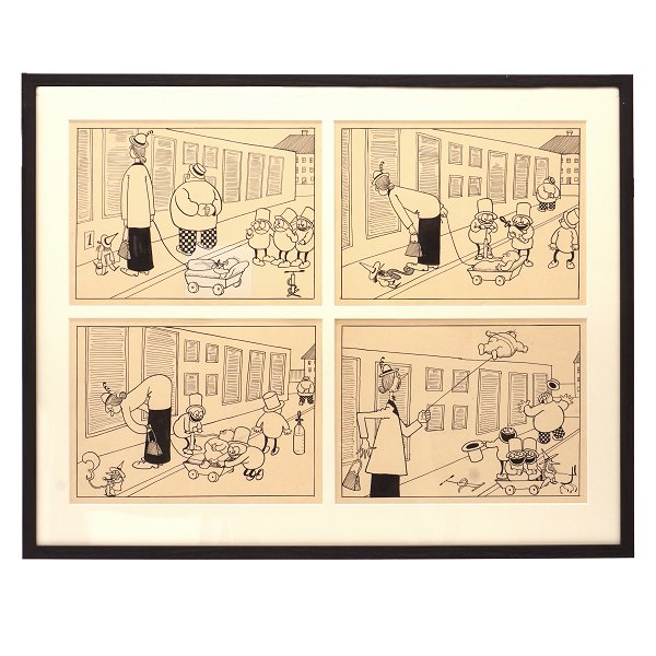 Storm P. Tegning. Robert Storm Petersen, 1882-1949, blyant og tusch. Fire originaltegninger bragt i "Verden og Vi" 1913-16, hvor "De Tre Små Mænd" og "Nummermanden" blev introduceret. Hver tegning måler ca. 20x27cm. Mål med ramme: 52x65cm