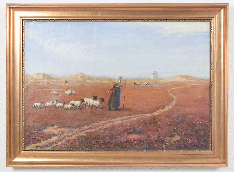 Albert Petersen, “Dyrene tages hjem”, oil on canvas, listed Danish artist.