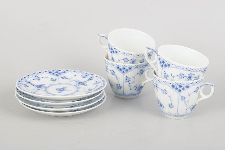 Royal Copenhagen Blue Fluted Half Lace, set of four coffee cups with matching saucers.