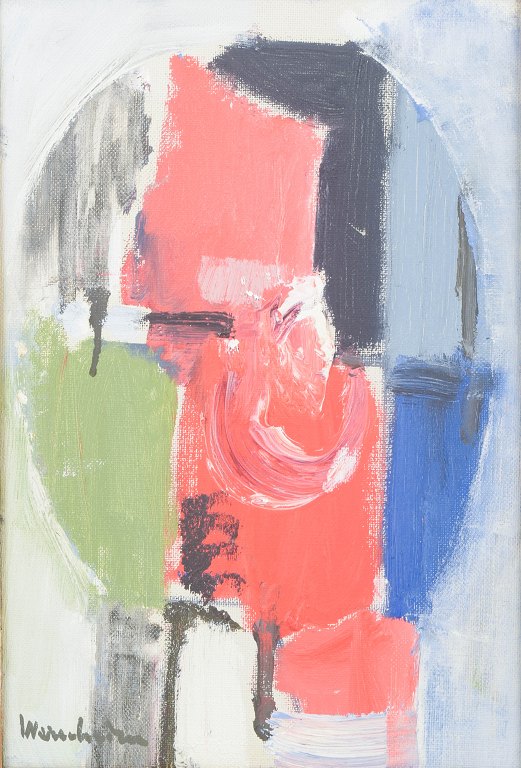 Stig Henry Wernheden, abstrakt komposition, olie på plade, listet svensk kunstner.