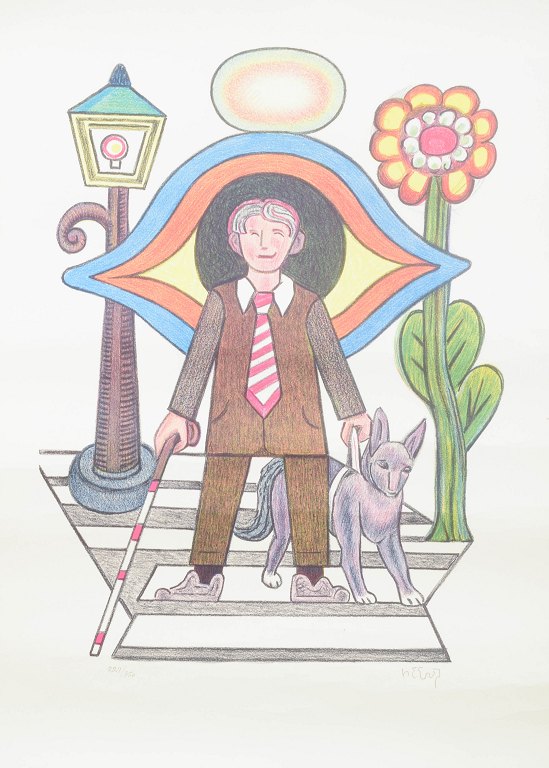 Henry Heerup, farvelitografi, dansk billedkunstner. "Blindmand med hund"