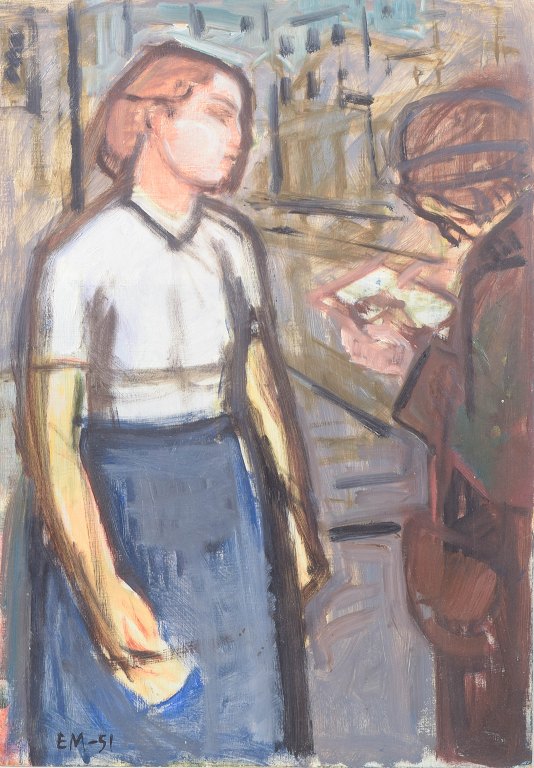 Oliemaleri på plade, signeret og dateret 1951, modernistisk figurmaleri.